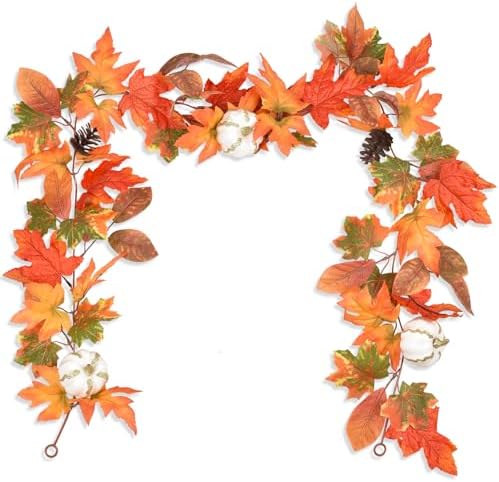 DearHouse 6ft Pumpkin Fall Maple Leaves Garland - Artificial Autumn Foliage Hanging Vine for Thanksgiving, Home, Wedding, Fireplace, Party, Christmas Decor (Orange & Brown) by DearHouse
