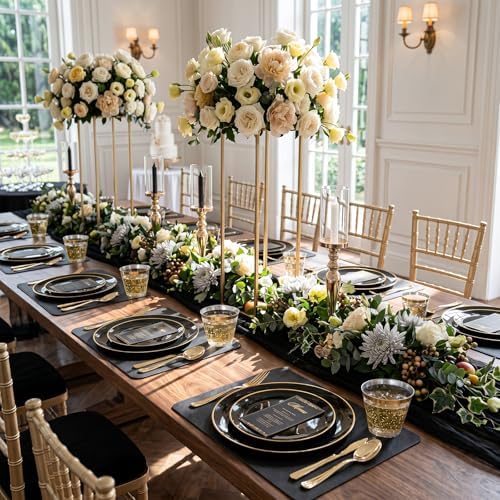 KIRE 60PCS Black Plastic Plates - Black Disposable Plates with Gold Rim - Include 30Pcs 10.25inch for Dinner and 30Pcs 7.5inch for Dessert for Wedding/Graduation/Party/Halloween/New Year - Image 6