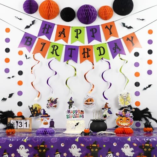 Halloween Birthday Party Decorations - Pre-strung Halloween Decorations Includes Happy Birthday Banner Tablecloth Circle Garland Hanging Swirls Honeycomb Balls for Spooky Themed Decor - Image 2
