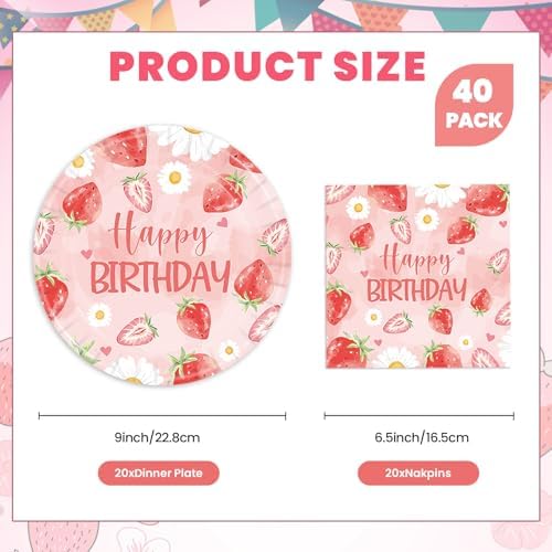 40PCS Strawberry Birthday Paper Plates and Napkins Party Set - Image 2