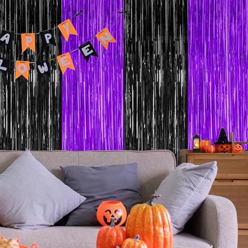 ZATAYE 2 Pack Purple Black Halloween Foil Curtain Streamer Decorations - Image 5