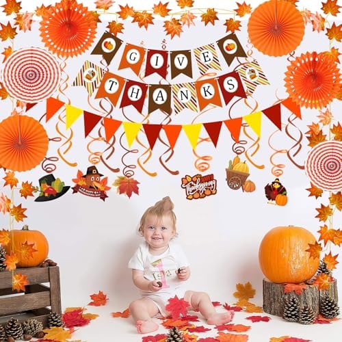 Fecedy Give Thanks Pumpkin Maple leaf Paper Banner Triangle Flag Bunting Maple Leaf Hanging Garland Paper Fan Flower Swirl Streamers for Thanksgiving Day Party Decoration - Image 5