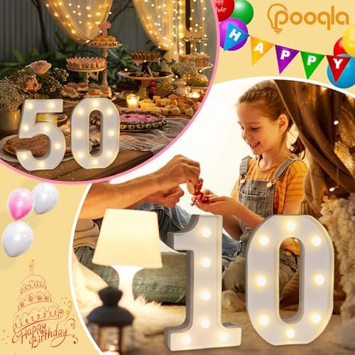 Pooqla Decorative LED Light Up Number Letters, White Plastic Marquee Number Lights Sign for 90th Birthday Party Wedding Decor, Battery Operated - Image 6