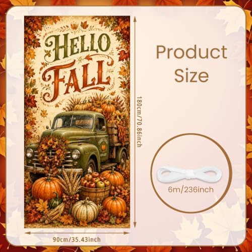 Hello Fall Door Banner 35 x 71 Inch Autumn Front Door Hanging Cover with Green Farm Truck Pumpkins Sunflower Maple Leaves Backdrop Design for Indoor Outdoor Farm Harvest Thanksgiving Party Supplies - Image 2