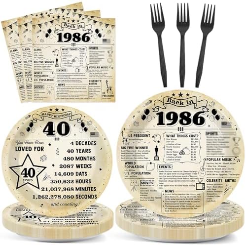CHUNNIN 96Pcs 40th Birthday Plates and Napkins Back in 1986 Party Decorations Vintage 40 Year Old Party Dessert Plates 1986 Birthday Tableware for 24 Guests 40th Theme Men Woman Bday Parties Supplies by CHUNNIN