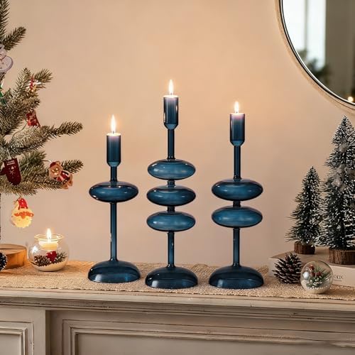LemonRoad Glass Taper Candlestick Holder Set of 3, Table Decor, Deep Blue - Image 5