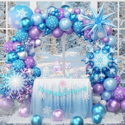 Frozen Balloon Arch Garland Kit 220pcs, Blue Purple White Balloons with Fringe Curtain Snowflake Balloons Birthday Banner for Winter Wonderland Baby Shower Snow Princess Birthday Party Decor - Image 5