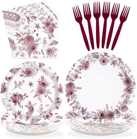 96 Pcs Red Burgundy Floral Party Decorations, Serves 24 by Greencian