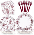 96 Pcs Red Burgundy Floral Party Decorations, Serves 24 by Greencian