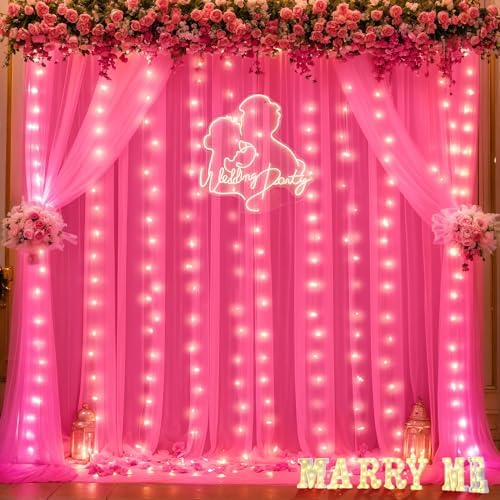 Hot Pink Tulle Backdrop Curtain with Lights for Parties 10x10ft Fuchsia Sheer Backdrop Curtains for Weddings Birthday Baby Shower Photo Shoot Background Decorations - Image 2