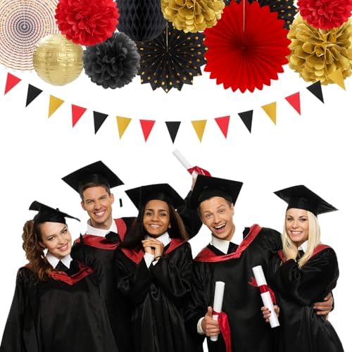 Red-Black Gold Casino Theme Party-Decorations - 20pcs Game Night Paper Lanterns Fans,Tissue Pom Poms,Honeycomb Balls,Bunting,Birthday Graduation Wedding Bridal Baby Shower Decor Burgleda - Image 4