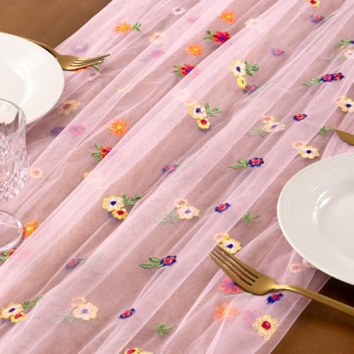 Flower Table Runner Fall Daisy Floral Tulle Cheesecloth Wedding Decor - Image 4