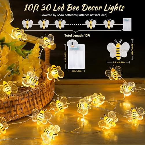 Bee Decor String Lights with Twinkling 10Ft 30Leds Battery Operated Spring Bee Bumble Cottage Core Decor Honey Gifts for DIY, Home, Classroom, Birthday, Party, Wedding, Christmas Tree - Image 2