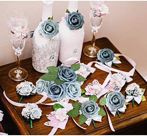AmyHomie Dusty Blue Rose 25pcs Real Looking Artificial Flowers w/Stem - Image 6