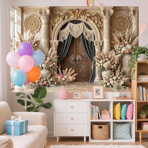 7X7ft Boho Floral Wedding Backdrop Retro Palace Elegant Flowers Background Photography Luxurious Wedding Bridal Shower Party Banner Photo Booth Props Anniversary Backdops - Image 4