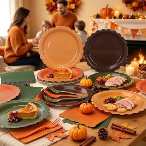 Orange and Green Paper Plates and Napkins,Thanksgiving 9inch Plates Napkins Forks Disposable Party Supplies for Baby Shower Friendsgiving & Autumn Parties,Serves 24 - Image 2