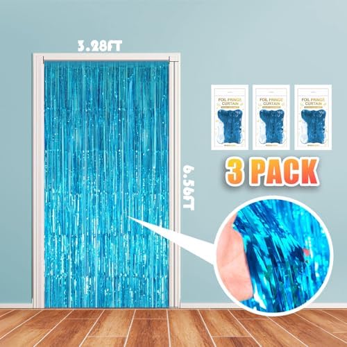 3 Pack 3.28ft x 6.56ft Light Blue Metallic Tinsel Foil Fringe Curtains, Photo Booth Backdrop Party Decorations for Birthday Wedding Baby Shower Graduation Bachelorette New Years - Image 2