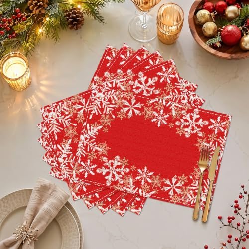 Christmas Placemats Set of 6 Table Mat Red Snowflakes Decorations - Image 6