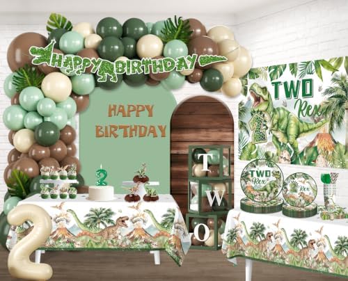 286 pcs Two Rex Birthday Decorations Boy, All-in-One Dinosaur 2nd Birthday Decorations Set for 25 Guests with Balloon Arch, Candle, Banner, Tablecloth, Backdrop, Cupcake Toppers, Thick Plates - Image 3
