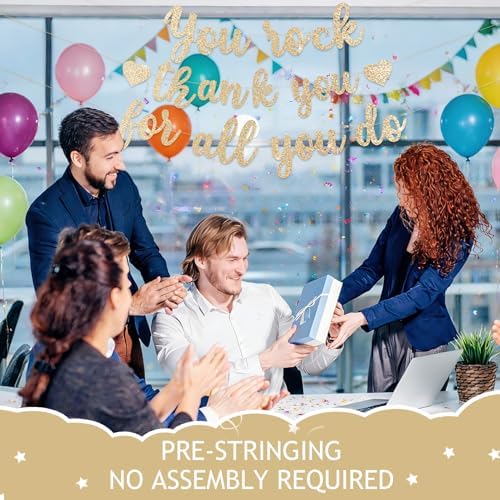 Pre-Strung You Rock Thank You For All You Do Banner - Glitter Employee Appreciation Decorations, Staff Teacher Nurse Recognition Party Supplies, Retirement Office Decor Sign, Large Cardstock Garland (Champagne Gold) - Image 6