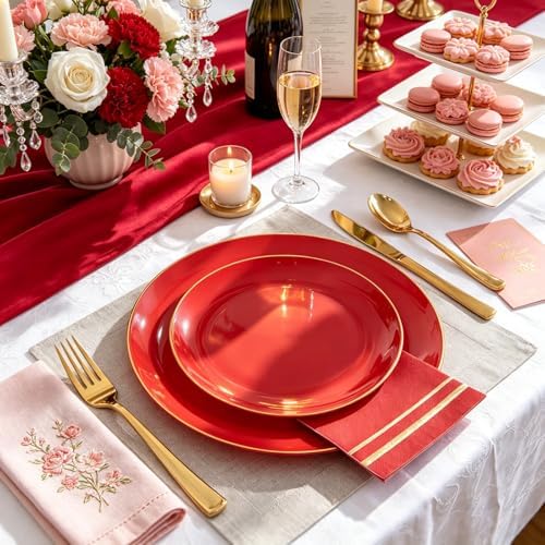 NOCCUR 350PCS Red Plastic Plates - Disposable Red Gold Dinnerware Set for 50 Guests, 100 Dinner/Dessert Plates, 150 Gold Silverware, 50 Cups&50 Napkins for Party/Wedding/Hibachi Party - Image 4