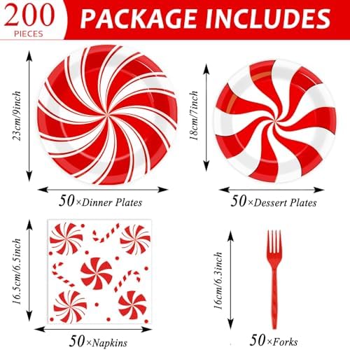 gisgfim 50 Guests Christmas Peppermint Candy Party Supplies Candy Mint Plates and Napkins Forks Xmas Tableware Red and White Striped Paper Plates for Holiday Party 200PCS - Image 2