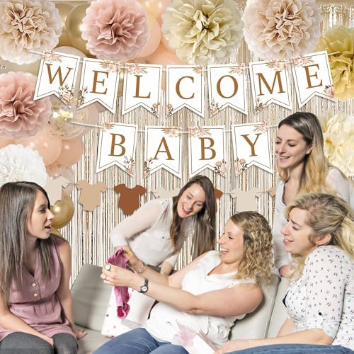 Champagne Baby Shower Decorations, Boho Beige Baby Shower Decor Set with Welcome Baby Banner,Tissue Pom Poms,Oh Baby Cake Topper,Nude Cream Gold Balloons| Neutral Baby Boy Girl Shower Party Supplies - Image 5