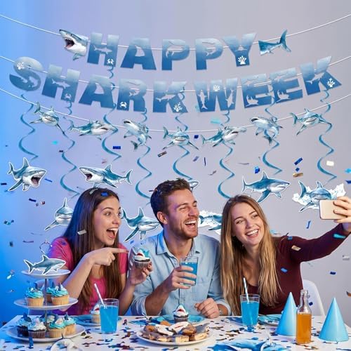 Happy Shark Week Decorations, 15PCS Shark Birthday Party Banners with Hanging Swirls Decorations, Ocean Nautical Fish Hanging Garland Banners Decor - Image 4