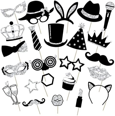 Zonon 24 Pcs Funny Photo Booth Props Set Black Gold Birthday,Silvery by Zonon