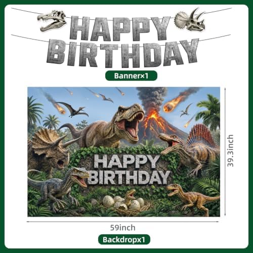 182 Pcs Dinosaur Birthday Party Decorations (Serves 24), Dino Party Decorations Include Banner Hanging Plates Napkins Cups Forks Knifes Tablecloth Topper Balloons for Party - Image 3