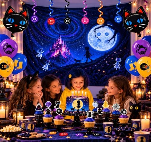 Black Cat Birthday Party Decorations Kit, Backdrop Banner, 2PCS Cat Foil Balloons, 18PCS Latex Balloons, 24PCS Cupcake Toppers, 6PCS Hanging Swirls Set, Halloween Party Supplies for Kids Girls - Image 5
