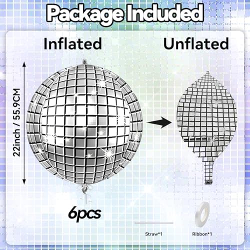 6pcs 22 Inch Silver Disco Ball Balloons, Silver Big Disco Balloons, 4d Large Foil Aluminum Balloon For Birthday Baby Shower 70s 80s 90s Theme Party Wedding Engagement Graduation New Year Decoration - Image 2