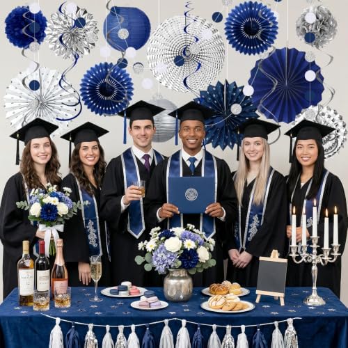 Meiduo 34 Pcs Blue Silver Party Decorations, Fans Lanterns Pom Poms Set - Image 4