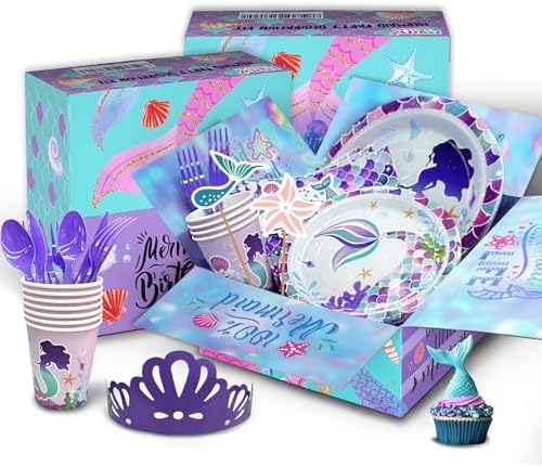 193 pcs Mermaid Birthday Decorations For Girl, Mermaid Party Decorations Supplies Kit, 16 Tableware Sets, Balloon Arch,Disposable Paper Plates - Image 5