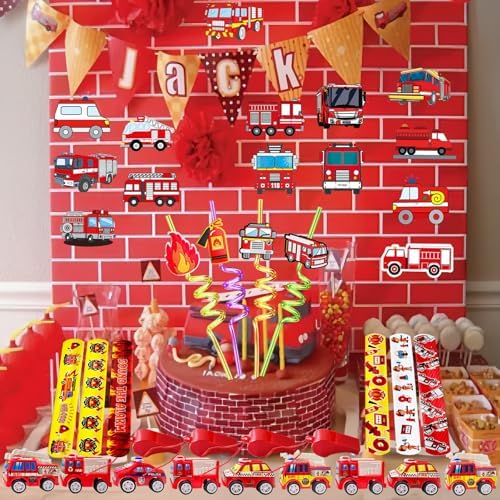 Fire Truck Party Favors Set - 110 Pcs with Firefighter Stickers, Slap Bracelets, Drinking Straws & More for Firefighter Themed Birthday Party - Image 6