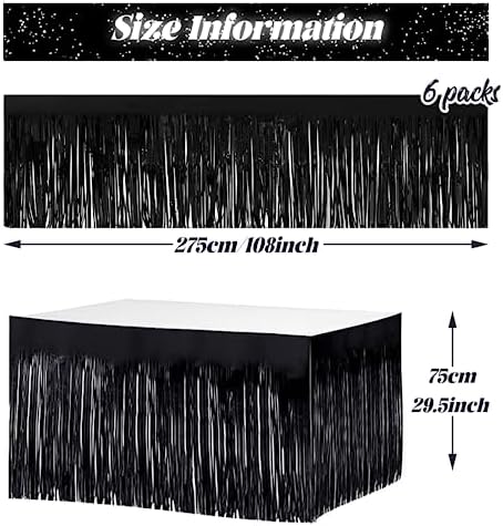 6 PCS Black Metallic Foil Fringe Tinsel Table Skirts 9 Feet x 29.5 Inch - Image 2