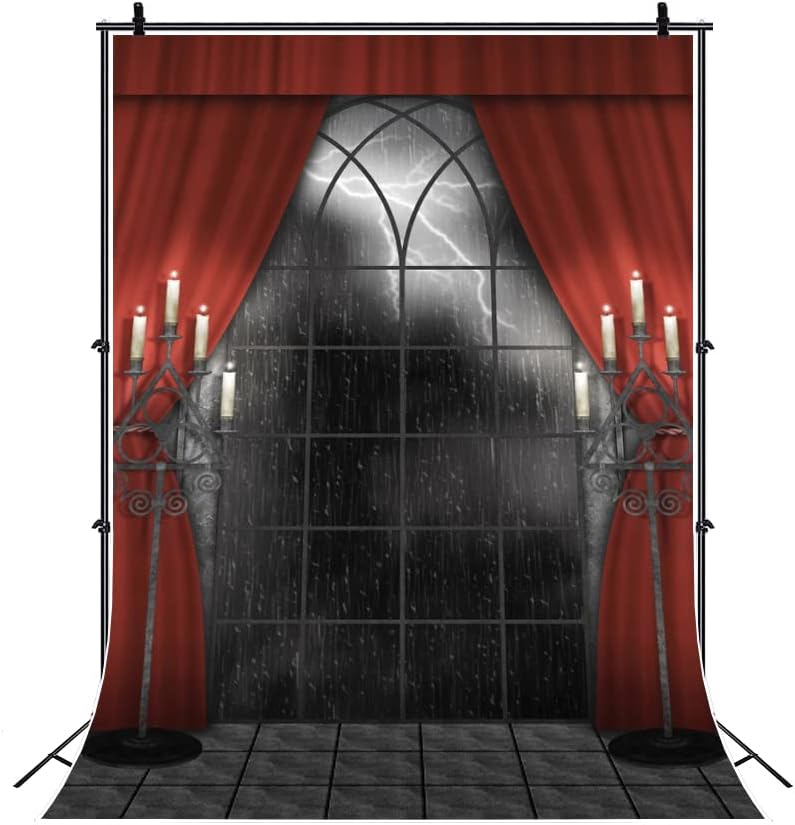 Renaiss 7x10ft Vintage Gothic Window Backdrop Red Curtain Candlestick Black Floor Lightning Stormy Sky Vampire Medieval Castle Photography Background Halloween Dress Up Party Decors Photo Booth Props - Image 7