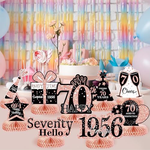 9Pcs 70th Birthday Decorations Honeycomb Centerpieces for Women, Rose Gold Pink Happy 70th Birthday Centerpieces Tables Toppers Party Decorations Supplies, Vintage 1956 Aged Table Sign Decor - Image 4