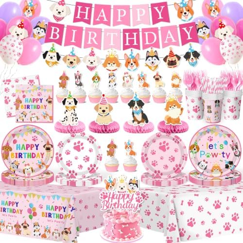 Dog Birthday Party Decorations Include Lets Pawty Plates Napkins Pink Puppy Tablecloth Banner Balloons Cupcake Toppers Tableware Set for Girls Puppy Birthday, Dog Party Decorations Serves 24 by Dydamud