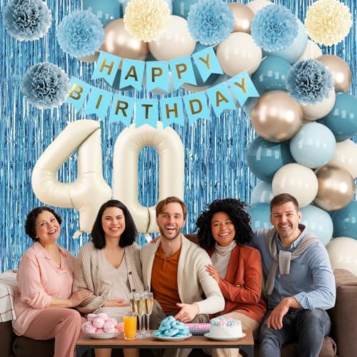 Dusty Blue 40th Birthday Party Decorations Men Beige Number 40 Balloon - Image 6