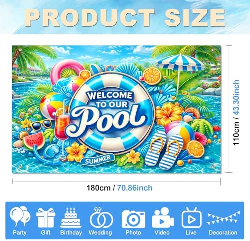 BlissYard Hello Summer Banner 71 x 43 Inches Welcome to Our Pool Summer Pool Party Decorations Swimming Pool Backdrop Beach for Pool Party Backyard Summer Beach Tiki Bar Outdoor Photo Booth - Image 4