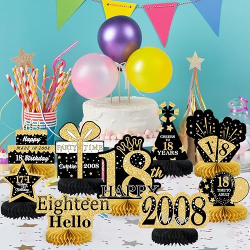 9Pcs Black Gold 18th Birthday Decorations Honeycomb Centerpieces for Boys Girls,Happy 18th Birthday Centerpieces Tables Toppers Party Decorations Supplies,Vintage 2008 Aged Table Sign Decor - Image 6