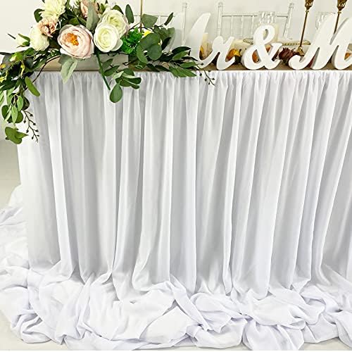 Pooling and Floating Chiffon Table Skirt with extra length, 6FT 9FT 14FT Sheer Tablecloth, Baby Shower, Birthdays Party, Main Cake Table Decoration, Wdding Table Skirt (White, 9FT) - Image 4
