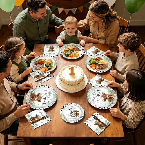 96Pcs Sage Green Highland Cow 1st Birthday Party Supplies Serves 24 - Image 4