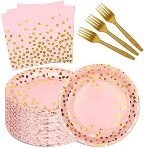 150 PCS Pink and Gold Paper Plates and Napkins Party Supplies,Serves 50 Guests Pink Gold Plates and Napkins,Disposable Paper Tableware Set for Birthday Wedding Bridal Shower Baby Shower Decorations by Upigi