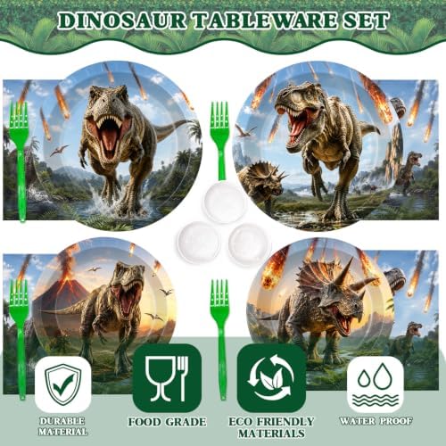 182 Pcs Dinosaur Birthday Party Decorations (Serves 24), Dino Party Decorations Include Banner Hanging Plates Napkins Cups Forks Knifes Tablecloth Topper Balloons for Party - Image 5