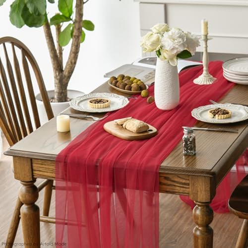 Artoid Mode 6PCS Red Gauze Table Runner 120 Inch 10FT, Seasonal Sheer Kitchen Dining Holiday Wedding Birthday Baby Shower Table Decor for Home Party - Image 5
