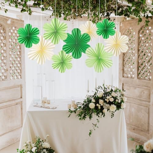 SUNBEAUTY Green Paper Flowers Decorations for Wall, Spring Summer Paper Fans Decor, Classroom Decor Paper Floral Backdrop Paper Flowers Decoration Hanging Paper Fans Green Flower Wall Decor, Set of 9 - Image 5