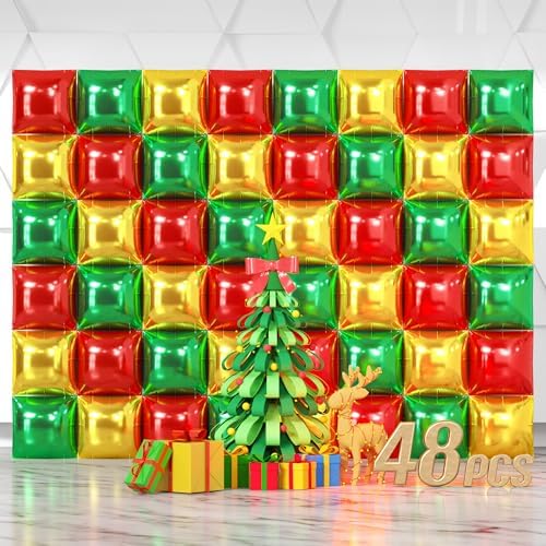 NISOCY 48PCS Red Green Gold Square Foil Balloons Wall Backdrop Double Sided Red Green Gold Balloons Arch Kit for Birthday Christmas New Year’s Graduation Anniversary Wedding Party Decorations by NISOCY