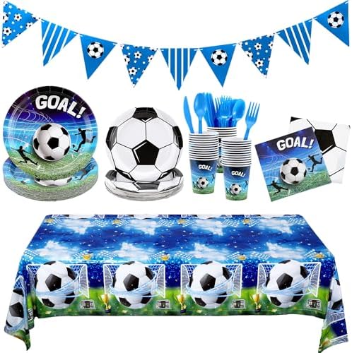 Kochorie 170 Pieces Soccer Birthday Party Decorations Soccer Paper Plates Napkins Cups Cutlery Tablecloth Triangle Flags Banner for Sports Themed Birthday Party Supplies, Serve 24 Guests by Kochorie
